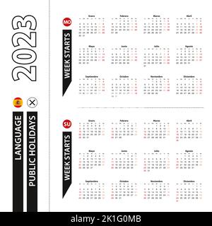 Zwei Versionen des Kalenders 2023 auf Spanisch, die Woche beginnt von Montag und die Woche beginnt von Sonntag. Vektorvorlage. Stock Vektor