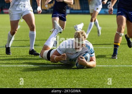 Richard Capstick von Exeter Chiefs versucht es beim Gallagher Premiership-Spiel Worcester Warriors gegen Exeter Chiefs im Sixways Stadium, Worcester, Großbritannien, 18.. September 2022 (Foto von Nick Browning/News Images) in Worcester, Großbritannien am 9/18/2022. (Foto von Nick Browning/News Images/Sipa USA) Stockfoto