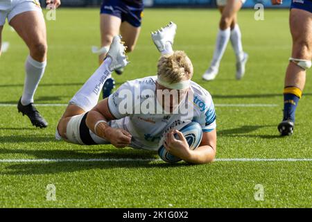 Richard Capstick von Exeter Chiefs versucht es beim Gallagher Premiership-Spiel Worcester Warriors gegen Exeter Chiefs im Sixways Stadium, Worcester, Großbritannien, 18.. September 2022 (Foto von Nick Browning/News Images) in Worcester, Großbritannien am 9/18/2022. (Foto von Nick Browning/News Images/Sipa USA) Stockfoto