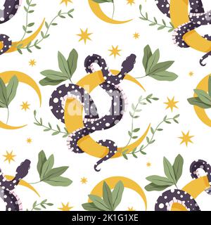 Nahtloses Muster mit Schlangen- und Mondmotiv. Vektor Blume Magie Schlangen mystische boho Hintergrund moderne weiße Kunst. Stock Vektor