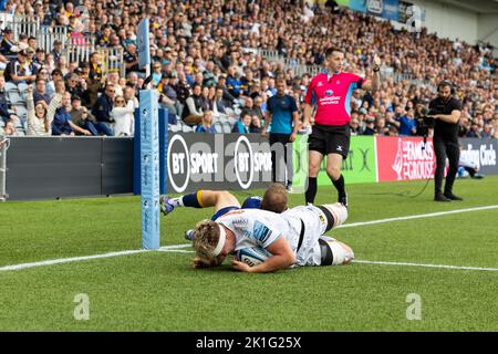 Richard Capstick von Exeter Chiefs versucht es beim Gallagher Premiership-Spiel Worcester Warriors gegen Exeter Chiefs im Sixways Stadium, Worcester, Großbritannien, 18.. September 2022 (Foto von Nick Browning/News Images) Stockfoto