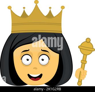 Vector Emoji Illustration einer Cartoon-gelben Königin mit Krone und Zepter in der Hand Stock Vektor