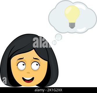 Vector Emoji Illustration einer gelben Cartoon-Frau, mit einer Wolke des Denkens mit einer Glühbirne, im Konzept der guten Idee oder Kreativität Stock Vektor