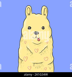 Niedliche Lama-Illustration auf rosa Hintergrund mit Herzen in Cartoon-Flat-Stil. Alpaca in Love Vektor-Illustration für Drucke, Textilien, Grußkarten, Stockfoto
