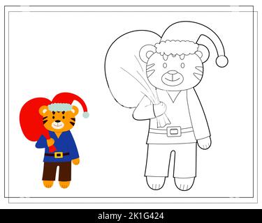 Ein Malbuch für Kinder, ein Cartoon-Tiger im Weihnachtsmann-Kostüm und mit einer Geschenktüte. Vektor Stock Vektor