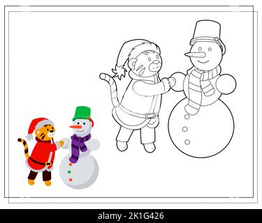 Malbuch für Kinder, Cartoon Tiger Skulpturen ein Schneemann. Vektor auf weißem Hintergrund isoliert Stock Vektor