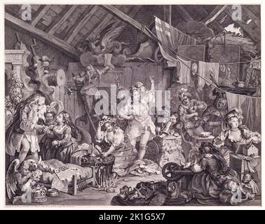 Flanierende Schauspielerinnen, die sich in einer Scheune verkleiden. Radierung und Gravur; zweiter Zustand von vier. William Hogarth. 1738. Stockfoto