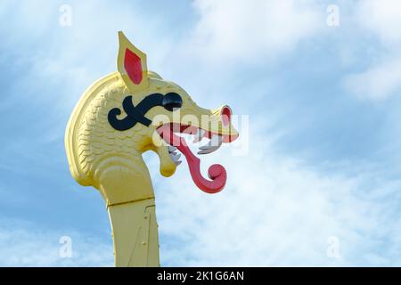 Nahaufnahme des Chefs des Replica Viking Ship, Hugin, in Cliffsend, Ramsgate, Kent, VEREINIGTES KÖNIGREICH Stockfoto