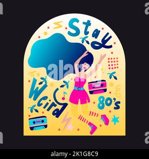 Retro Party 80s Musik Poster mit Gradienten Schriftzug 70s vintage Disco Tanz Flyer, Cartoon Charakter Vektor Person Stock Vektor