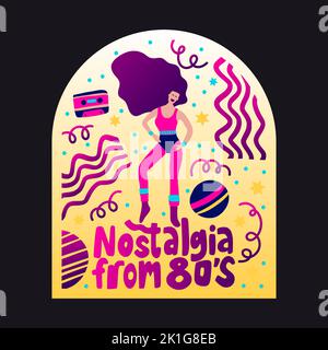 Retro Party 80s Musik Poster mit Gradienten Schriftzug 70s vintage Disco Tanz Flyer, Cartoon Charakter Vektor Person Stock Vektor