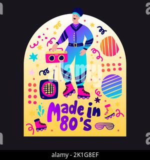 Retro Party 80s Musik Mann Poster mit Gradienten Schriftzug 70s vintage Disco Tanz Flyer, Cartoon Charakter Vektor Person Stock Vektor