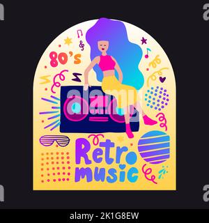 Retro Party 80s Musik Poster mit Gradienten Schriftzug 70s vintage Disco Tanz Flyer, Cartoon Charakter Vektor Person Stock Vektor