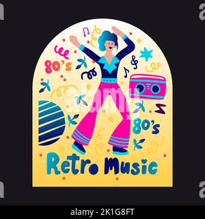 Retro Party 80s Musik Poster mit Gradienten Schriftzug 70s vintage Disco Tanz Flyer, Cartoon Charakter Vektor Person Stock Vektor