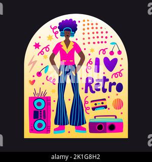 Retro Party 80s Musik afroamerikanischen Mann Poster mit Gradienten Schriftzug 70s vintage Disco Tanz Flyer, Cartoon Charakter Vektor Person Stock Vektor
