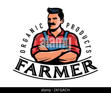 Farmer-Logo oder -Emblem. Bauernhof, Landwirtschaft, Landwirtschaft Abzeichen. Organische natürliche Lebensmittel Symbol Vektor-Illustration Stock Vektor