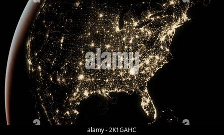 Erde aus dem All, Blick aus der Umlaufbahn in den USA bei Nacht. Lichter der Städte. Stockfoto