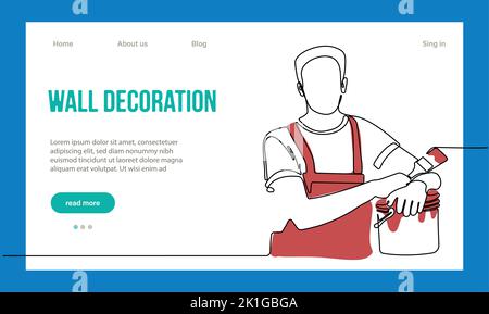 Hausreparaturkonzept. Zielseite Der Website. Arbeiter In Der Werkstatt Machen Arbeiten Aus House. Cartoon-Figuren Malen Sie Wände Und Setzen Fliesen. Vektorgrafik Für Lineare Umrisse. Stock Vektor