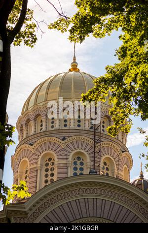 Eine Kirche mit einer gelben Mauer und einer spitzen goldenen Spitze mitten im Stadtzentrum mit mehreren Fenstern und Bäumen daneben Stockfoto