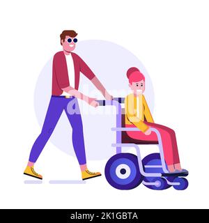 Cartoon Mann schiebt behinderte Frau auf Rollstuhl Stock Vektor