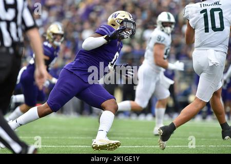 Seattle, WA, USA. 17. September 2022. Washington EDGE Rusher Sav'ell Smalls (0) jagt Payton Thorne (10) während des NCAA Football Game zwischen den Washington Huskies und den Michigan State Spartans im Husky Stadium in Seattle, WA, durch den Quarterback der Michigan State Spartans. Steve Faber/CSM/Alamy Live News Stockfoto