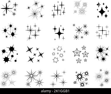 Shine Stars Formen Symbole. Win-Symbole, schwarzer Stern funkelt, weihnachtssticker-Design. Isolierte flache Funken, Vintage Magic dezente Vektorelemente Stock Vektor