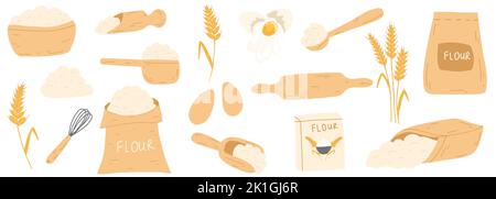 Backzutaten im Cartoon-Flat-Stil. Beutel mit Mehl, Eiern, Küchenbesen, Nudelholz, Weizenohrspikelett. Vektor-Illustration-Set für Gebäck coo Stock Vektor