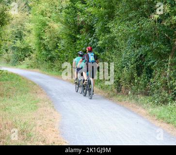 Radfahrer auf dem Schleppturm, Fluss Vire, Saint-Lo, Manche, Normandie, Frankreich, Europa Stockfoto