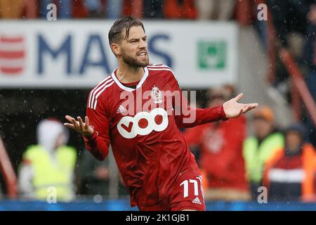 Philip Zinckernagel von Standard feiert sein Tor während eines Fußballmatches zwischen Standard de Liege und dem Club Brugge KV am Sonntag, 18. September 2022 in Lüttich, am 9. Tag der „Jupiler Pro League“ der ersten Division der belgischen Meisterschaft 2022-2023. BELGA FOTO BRUNO FAHY Stockfoto