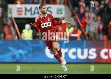 Philip Zinckernagel von Standard feiert sein Tor während eines Fußballmatches zwischen Standard de Liege und dem Club Brugge KV am Sonntag, 18. September 2022 in Lüttich, am 9. Tag der „Jupiler Pro League“ der ersten Division der belgischen Meisterschaft 2022-2023. BELGA FOTO BRUNO FAHY Stockfoto