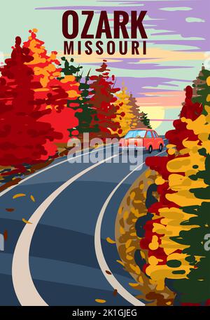 Ozark Missouri Reise Vintage Poster, Herbststraße, Auto. Retro-Illustration Stock Vektor