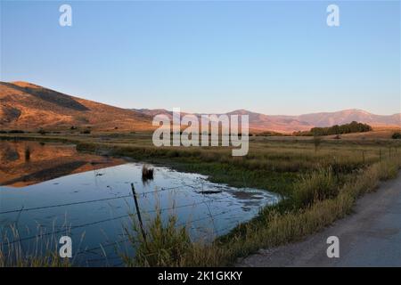 Der Blick auf den See und das Feld vor den kahlen Bergen unter dem blauen Himmel in Bear Lake Stockfoto