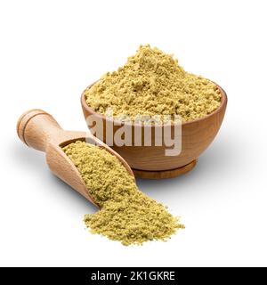 Kürbiskernmehl in einer Holzschüssel isoliert Stockfoto