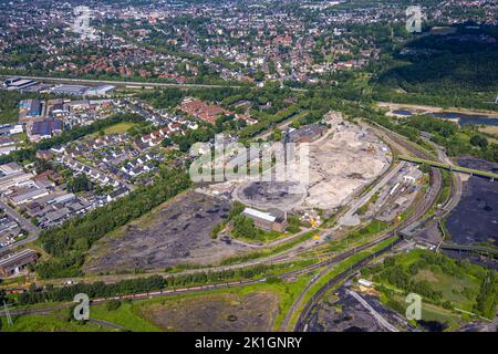 Luftaufnahme, Prosper II-Kollision mit Malakoff-Turm-Windturm, Batenbrock-Süd, Bottrop, Ruhrgebiet, Nordrhein-Westfalen, Deutschland, Bergwerk Pros Stockfoto