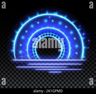 Blauer Zauberbogen. Abstrakter magischer Lichteffekt. Leuchtende Neonbogenlinien mit fliegenden Lichtern. Stock Vektor