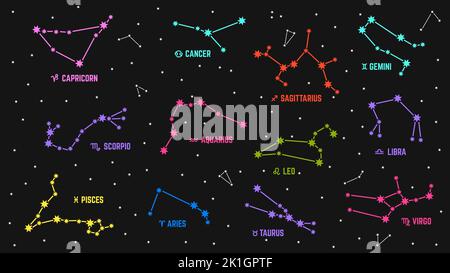 Sternbilder am Sternenhimmel. Helles Sternbild mit Sternen, löwe zwillinge schütze widder und fische. Acid Colors Vektor-Poster für Astronomie studieren Stock Vektor