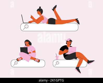 Menschen Surfen im Internet, Suchleiste und Studenten mit Laptop. Mädchen und Jungen, die Computer benutzen und Informationen suchen. Vector Internet Browser Web Stock Vektor