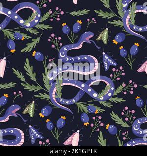 Nahtloses Muster mit Schlangen- und Mottenmuster. Vektor Blume Magie Schlangen mystische boho Hintergrund moderne Kunst. Stock Vektor