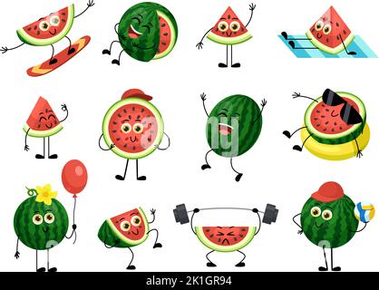 Wassermelone lustige Comic-Figuren freudige Freizeit. Isolierte Früchte schwimmen, surfen an Bord und trainieren. Niedlich lächelnd und lachend grish Comic Stock Vektor