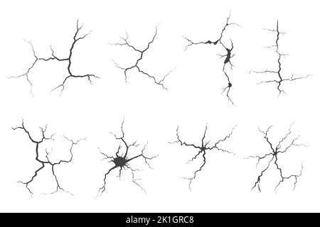 Risse sammeln sich an Wand, Erde oder Stein. Kratzt Linien auf Oberflächen. Vektorgrafiken für Blitz und Gewitter. Fissur auf Boden und Eis Stock Vektor