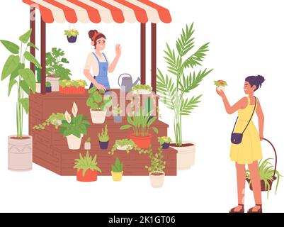 Verkäufer von Zimmerpflanzen. Lokale Zimmerpflanzen Shop Straße Stall von Topfblumen, professionelle Floristik, schöne Blumenpflanzen Markt, weibliche Garten Floristen Vektor Illustration des Verkäufers Blumenmarkt Stock Vektor