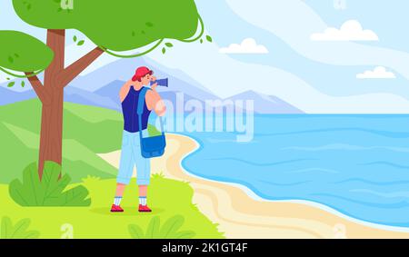 Fotograf, der Landschaftsaufnahmen gemacht hat. Reisekameramann fotografieren erstaunliche Natur Berg am Meer, Tourist mit entdecken Kamera Objektiv auf Stativ, schwüllige Vektor-Illustration Stock Vektor