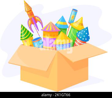 Cartoon Feuerwerk Box. Feuerwerk pyrotechnische Sache für weihnachtsfeier oder feiern Jubiläum, Feuerwerkskörper bunte Rakete explodierenden Papier Feuer Cracker, ordentlich Vektor-Illustration von Feuerwerk Raketen Stock Vektor