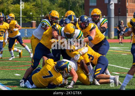 Rochester, New York, USA. 17. September 2022. SUNY Brockport läuft zurück Rashad Law (3) läuft mit dem Ball im zweiten Viertel gegen die University of Rochester veranstaltete die University of Rochester Yellow Jackets im Edwin Fauver Stadium in Rochester, New York, das SUNY Brockport Golden Eagles beim A NCAA Division III Empire 8 Conference Game. (Jonathan Tenca/CSM). Kredit: csm/Alamy Live Nachrichten Stockfoto