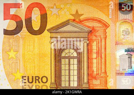 Fragment von 50 Euro-Rechnung. 50 Euro Banknote. Der Euro ist die offizielle Währung der Europäischen Union Stockfoto