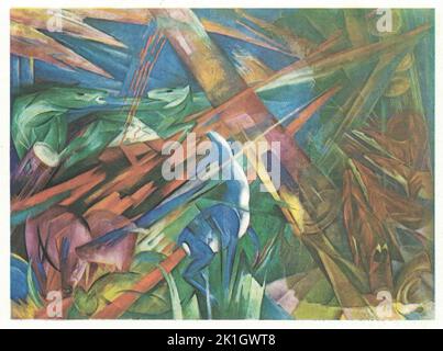 Schicksal der Tiere, 1913, Öl auf Leinwand. Das Schicksal der Tiere ist ein Gemälde von Franz Marc aus dem Jahr 1913. Es ist Öl auf Leinwand. Diese Arbeit kontrastiert die meisten anderen Arbeiten von Marc, indem sie Tiere auf brutale Weise präsentiert, anstatt sie auf friedliche Weise darzustellen. Marcs starke Beziehungen zu Tieren als seine Untertanen bleiben ungewiss, aber es wird prognostiziert, dass sie von seinem Hund in seiner Kindheit stammen. Das Schicksal der Tiere bleibt eines der berühmtesten Stücke von Marc und zeigt den Stil des Blauen Reiters, den er mit Wassily Kandinsky mitbegründete Stockfoto