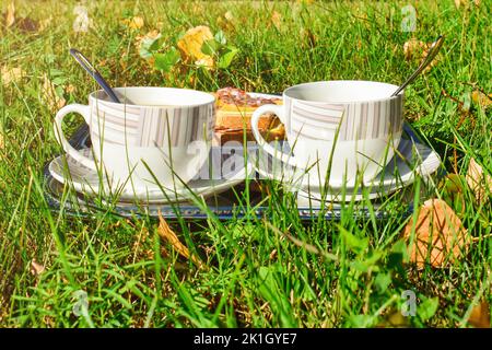 Zwei Tassen mit einem heißen Getränk und Sandwiches im Freien auf grünem Gras unter der Morgensonne und herbstlich gefallenen gelben Blättern. Stillleben im Herbst. Stockfoto
