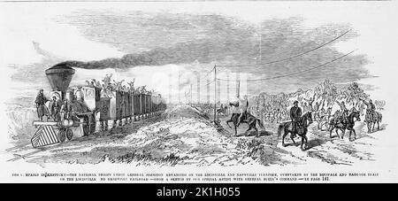 Die Kampagne in Kentucky - die Nationaltruppen unter General Albert Sidney Johnston marschieren auf dem Louisville und Nashville Turnpike vor, überholt durch den Ausrüstungs- und Gepäckzug auf der Louisville und Nashville Railroad. Januar 1862. Illustration des amerikanischen Bürgerkriegs des 19.. Jahrhunderts aus Frank Leslie's Illustrated Newspaper Stockfoto