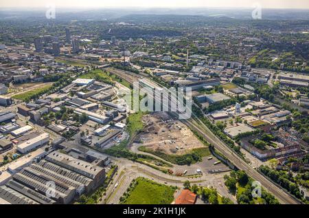 Luftaufnahme, Baustelle für Regional Training Center RTZ der Polizei, Frohnhauser Straße, Bahnlinie mit Werkstatt DB Regio in NRW, Westvi Stockfoto