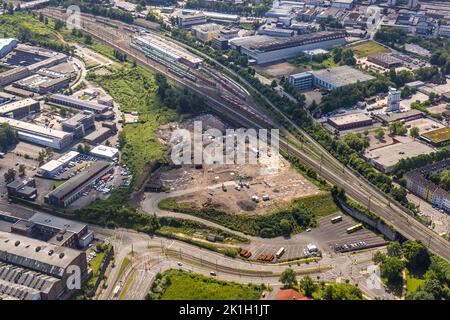 Luftaufnahme, Baustelle für Regional Training Center RTZ der Polizei, Frohnhauser Straße, Bahnlinie mit Werkstatt DB Regio in NRW, Westvi Stockfoto