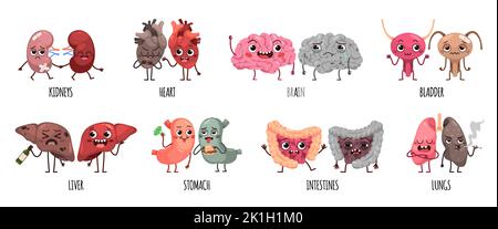 Cartoon ungesunde und gesunde Organe Paare. Niedliche Charaktere mit Gesichtern, geschädigter Lunge, Magen und Blase, Lungen und Gehirn, Leber und Herz Stock Vektor